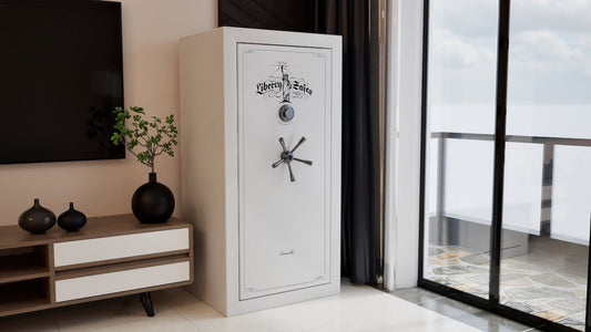 A white safe in a modern living room with a balcony view.