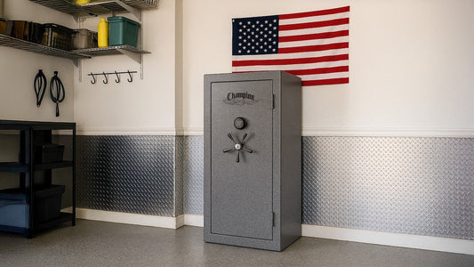 A gray safe in a garage with an American flag on the wall.