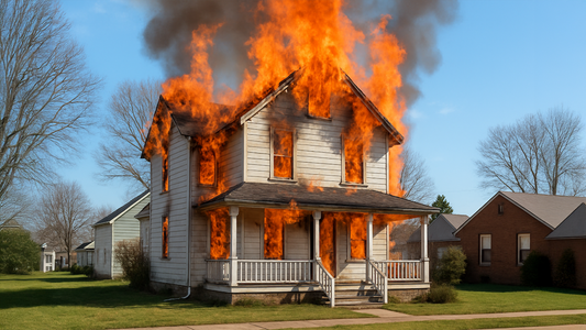 A house engulfed in flames with smoke rising, surrounded by trees.