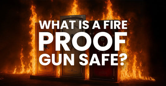 Text asking about fireproof gun safes with flames in the background.