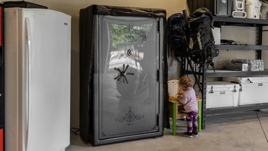 gun safe in a garage with a toddler