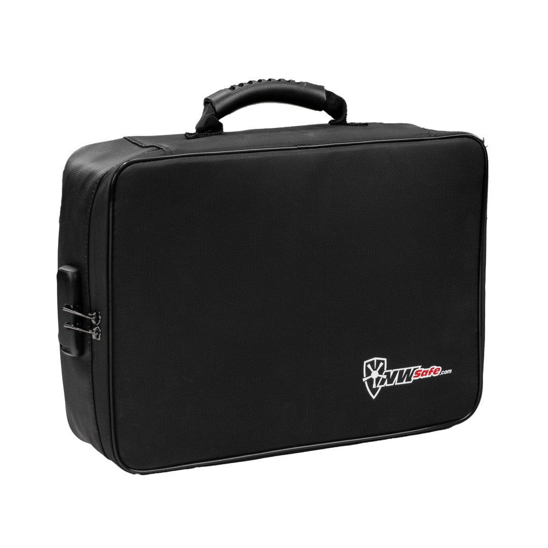 Side view of the Fire Shield document protection bag showing the integrated combination lock, reinforced handle, and NW Safe logo on the front