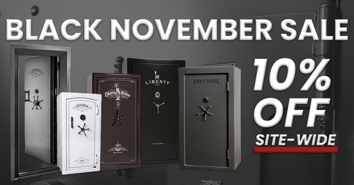 Black November sale advertisement with various safes on a dark background