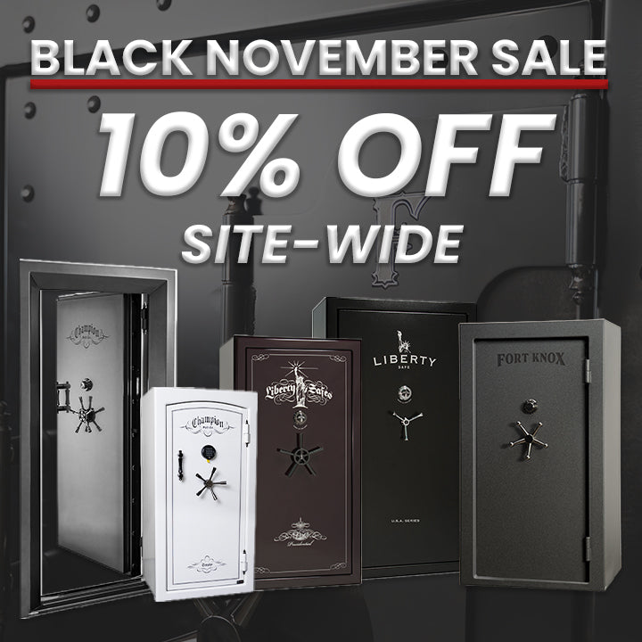 Black November Sale advertisement with safes displayed on a dark background